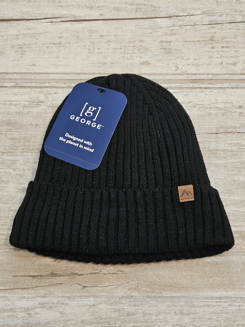 George Black Ribbed Cuffed Beanie Hat with Logo Patch